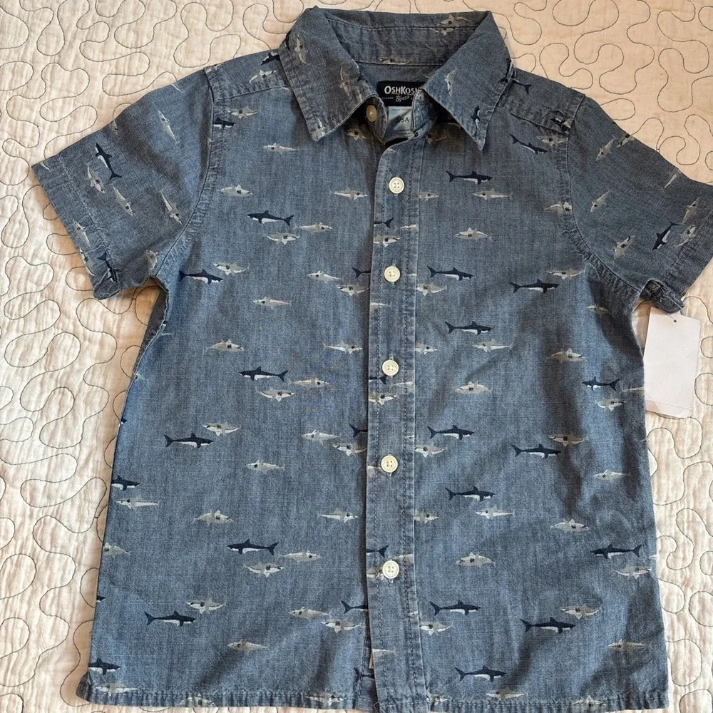 Oshkosh Boys Size 5‎ Shark Button Up Collared Denim Like Polo Shirt